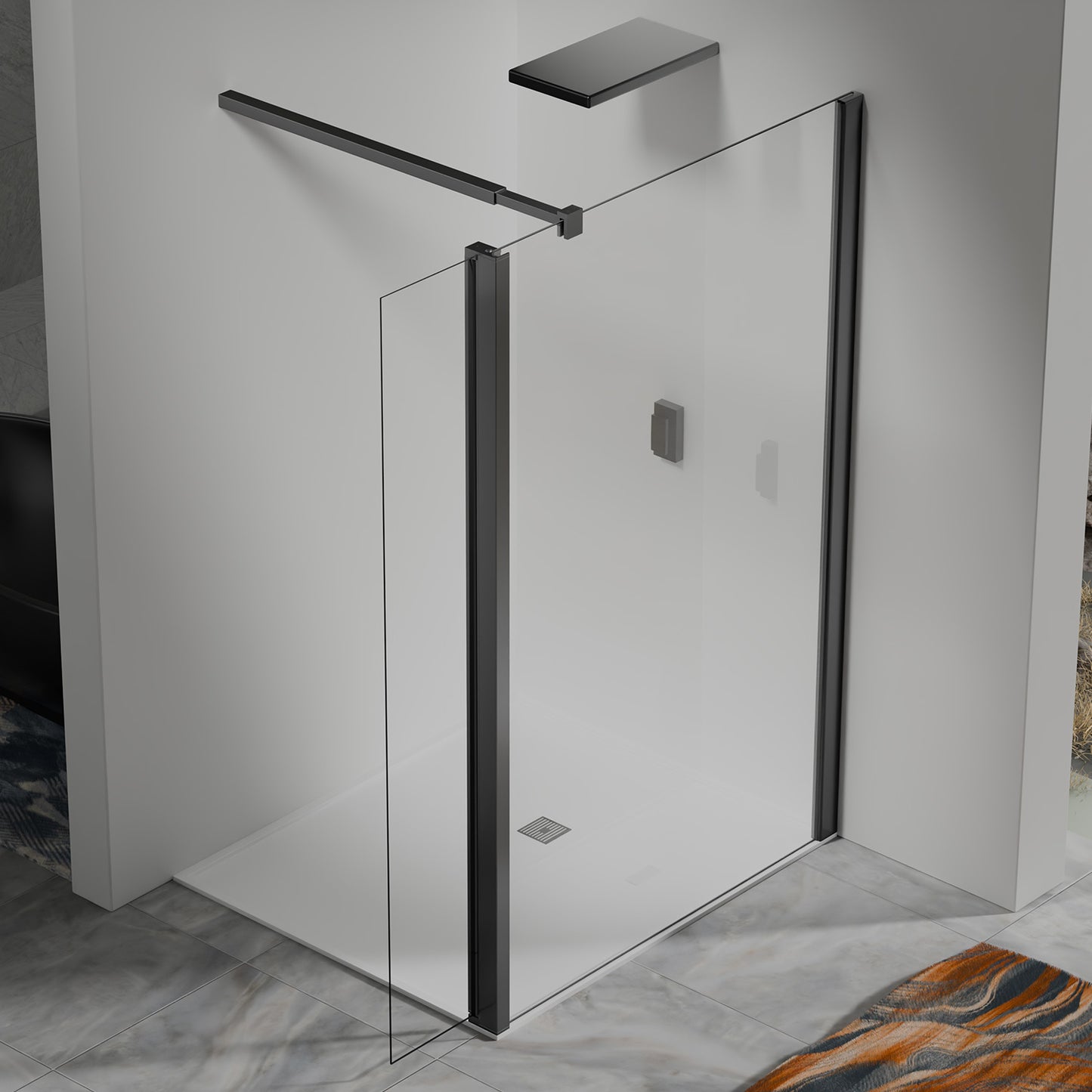 Paroi de douche avec volet pivotant - Barre de fixation extensible 73-120cm en Alu noir mat