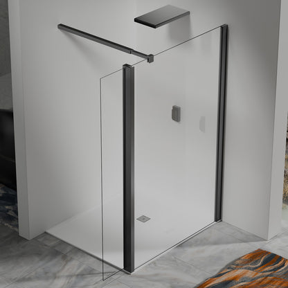 Paroi de douche avec volet pivotant - Barre de fixation extensible 73-120cm en Alu noir mat