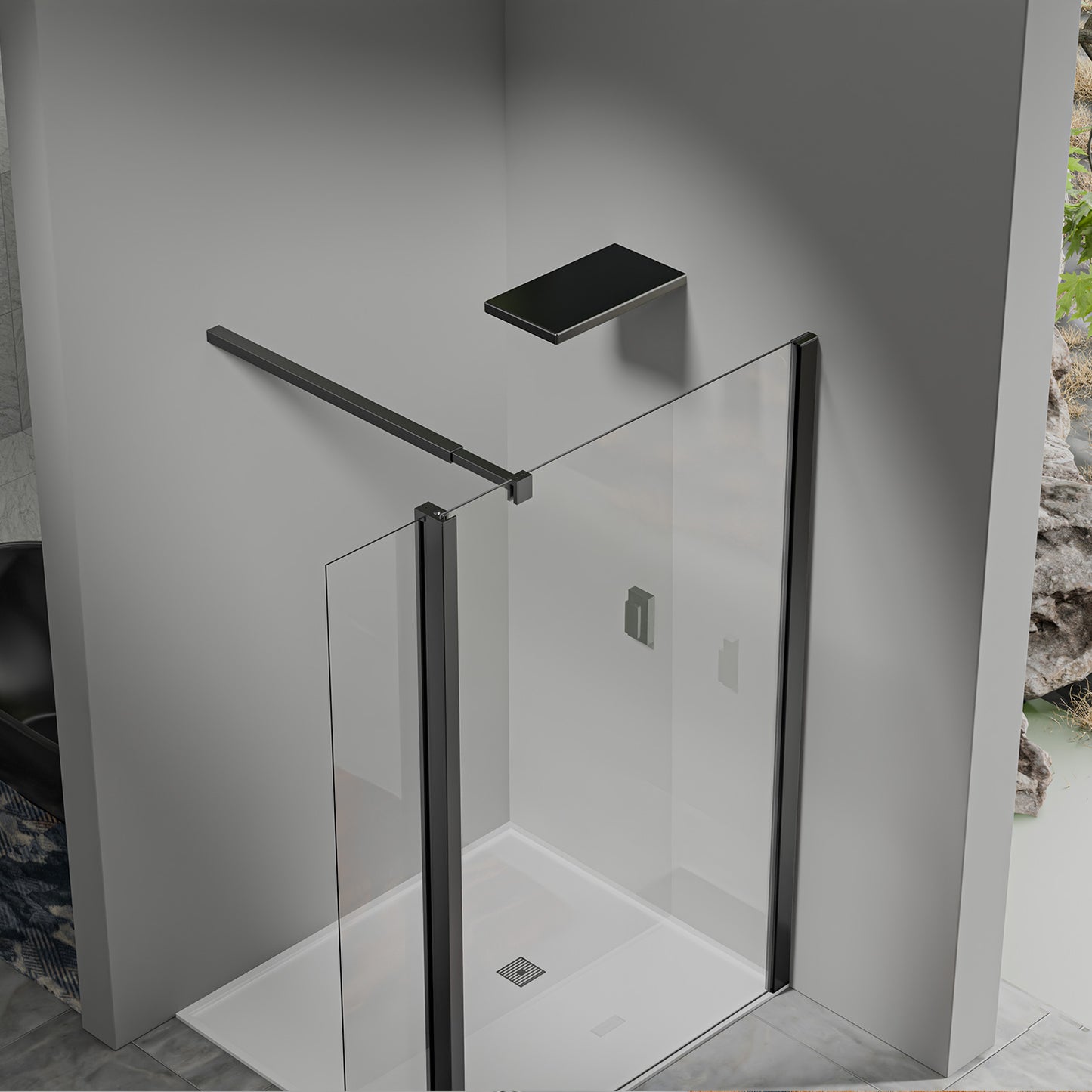 Paroi de douche avec volet pivotant - Barre de fixation extensible 73-120cm en Alu noir mat
