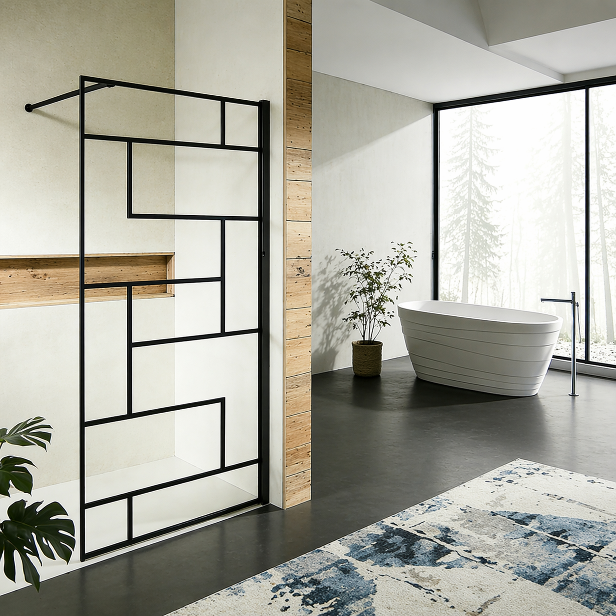 Paroi de douche à sérigraphie moderne avec barre de fixation 90 cm en alu noir