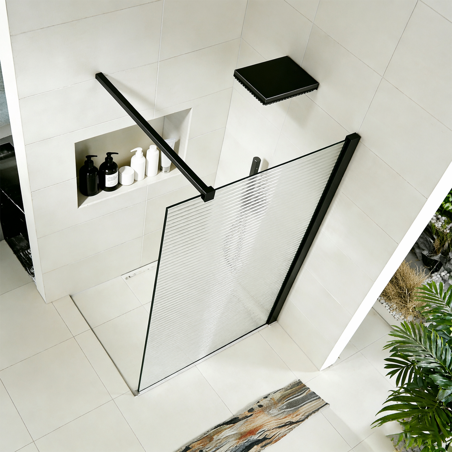 Paroi de douche en verre ondulé 8mm avec profilé et barre 90cm en aluminium noir mat