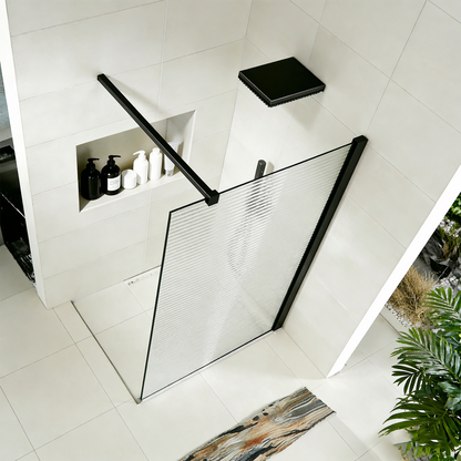 Paroi de douche en verre ondulé 8mm avec profilé et barre 90cm en aluminium noir mat
