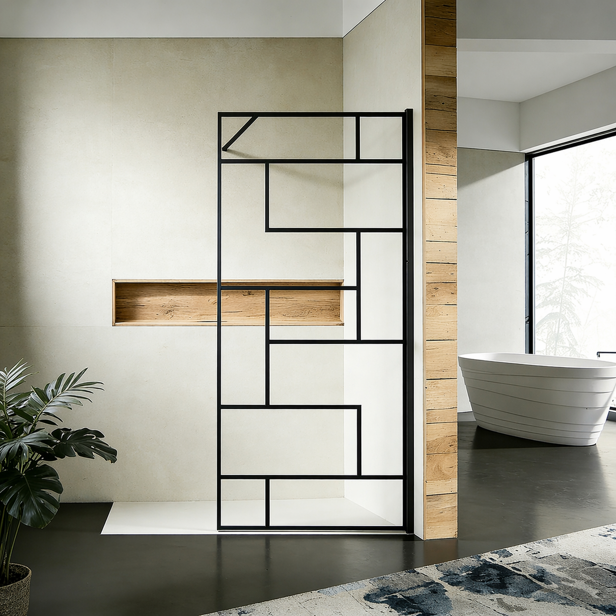 Paroi de douche à sérigraphie moderne avec barre de fixation 90 cm en alu noir