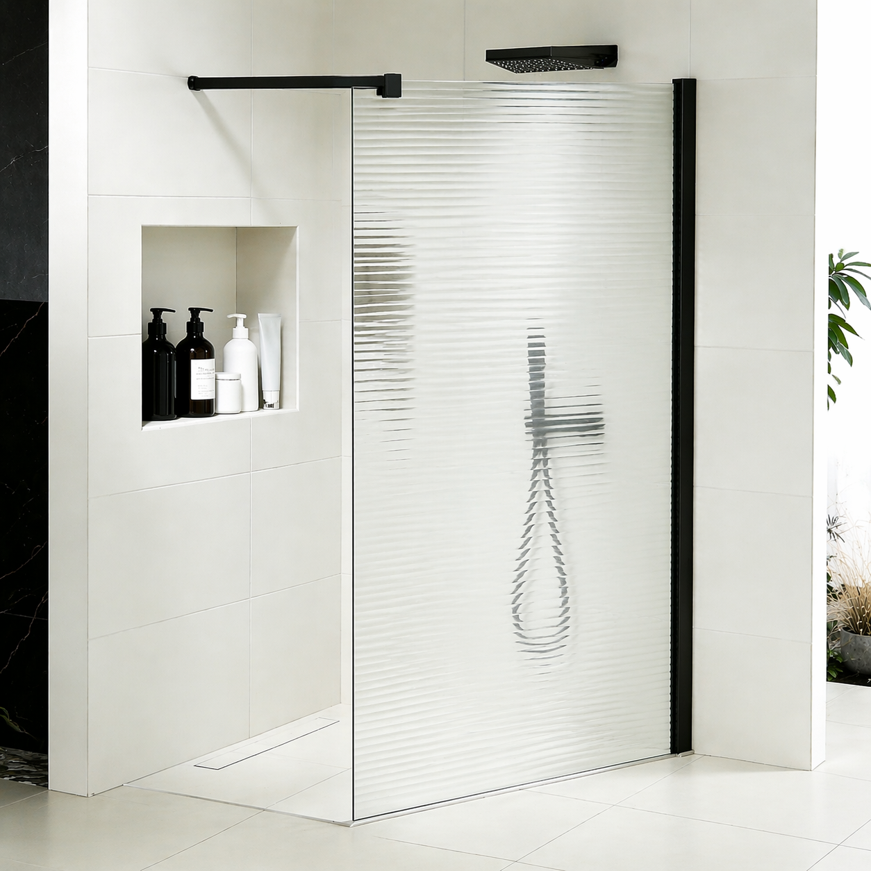 Paroi de douche en verre ondulé 8mm avec profilé et barre 90cm en aluminium noir mat