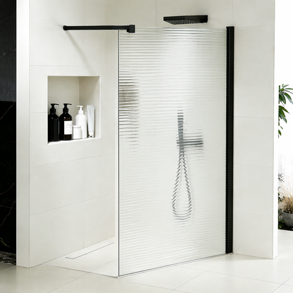 Paroi de douche en verre ondulé 8mm avec profilé et barre 90cm en aluminium noir mat