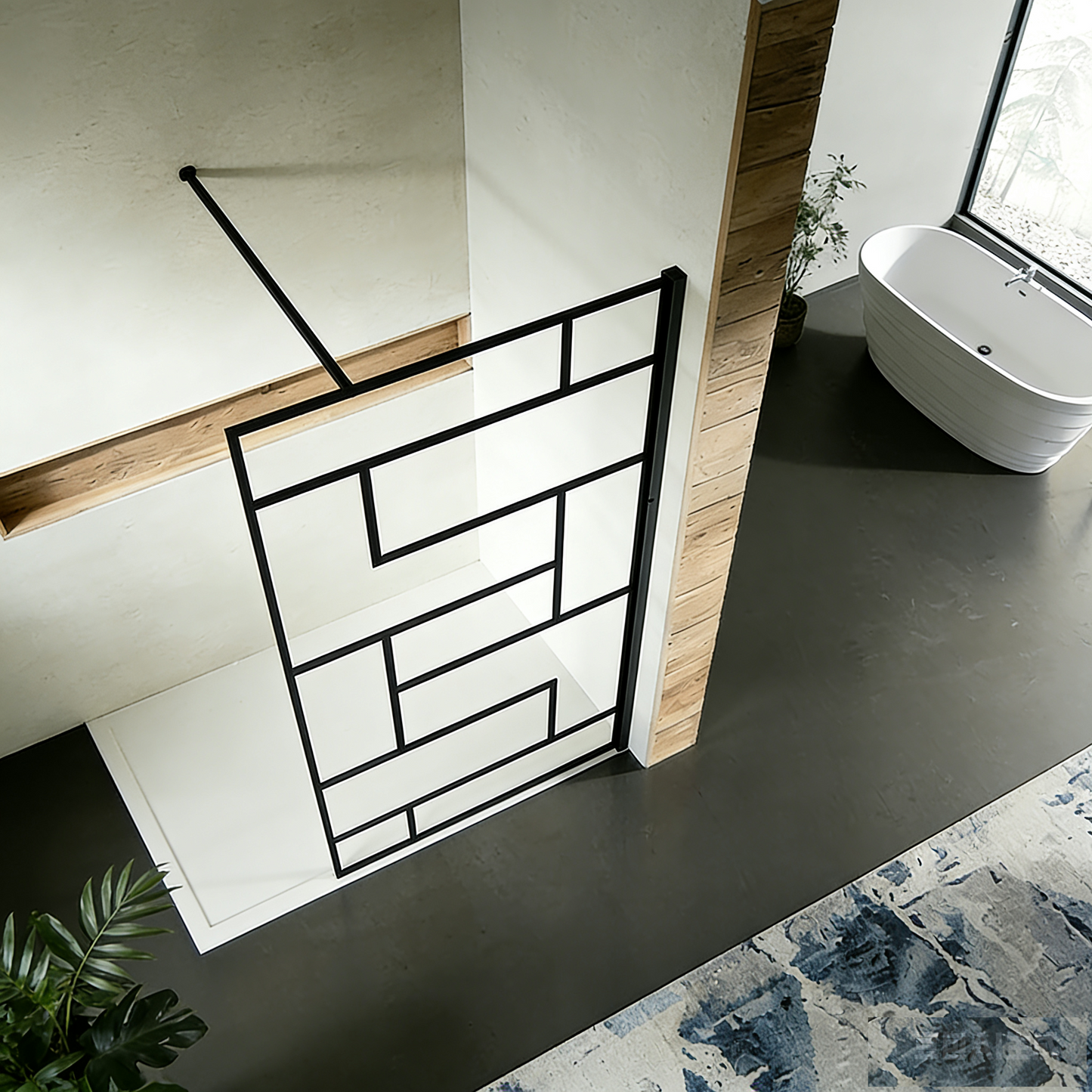 Paroi de douche à sérigraphie moderne avec barre de fixation 90 cm en alu noir