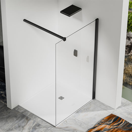 Paroi de douche en verre anticalcaire avec barre de stabilisation 140cm en alu noir mat