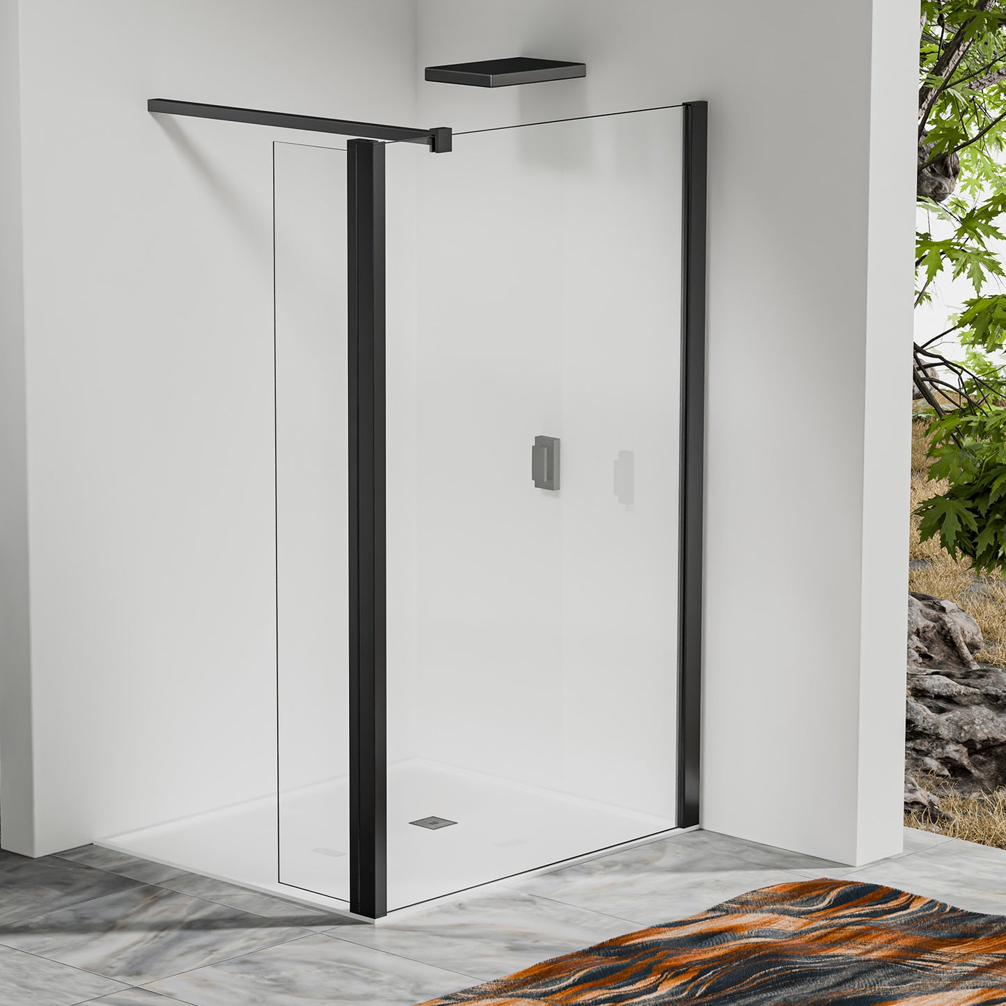 Paroi fixe avec retour pivotant - Barre de renfort 90cm - Accessoires en aluminium noir mat