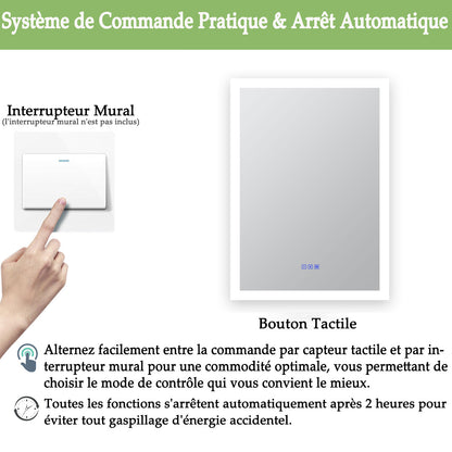 Miroir LED pour salle de bain Lumière réglable - pose verticale ou horizontale